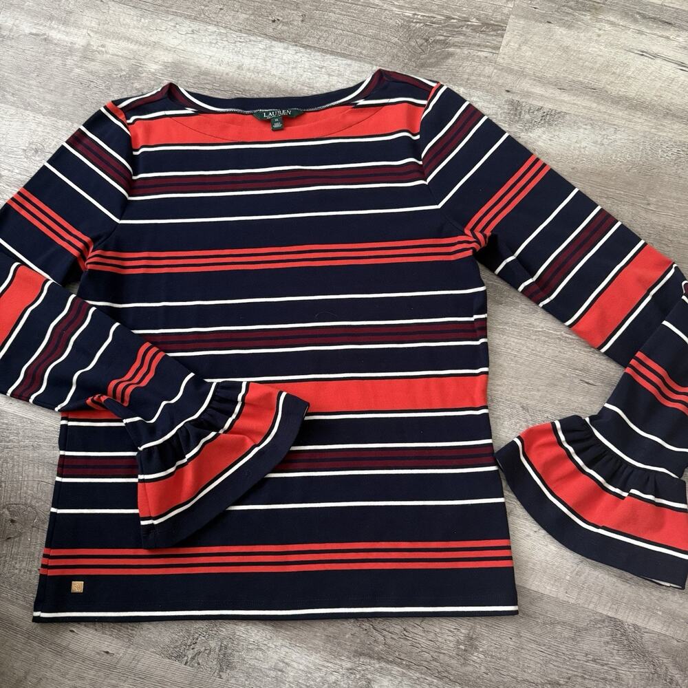 Lauren Ralph Lauren Stripe Bell Cuff Top Womens Size XL Blue Coral Boat Neck - Picture 7 of 7